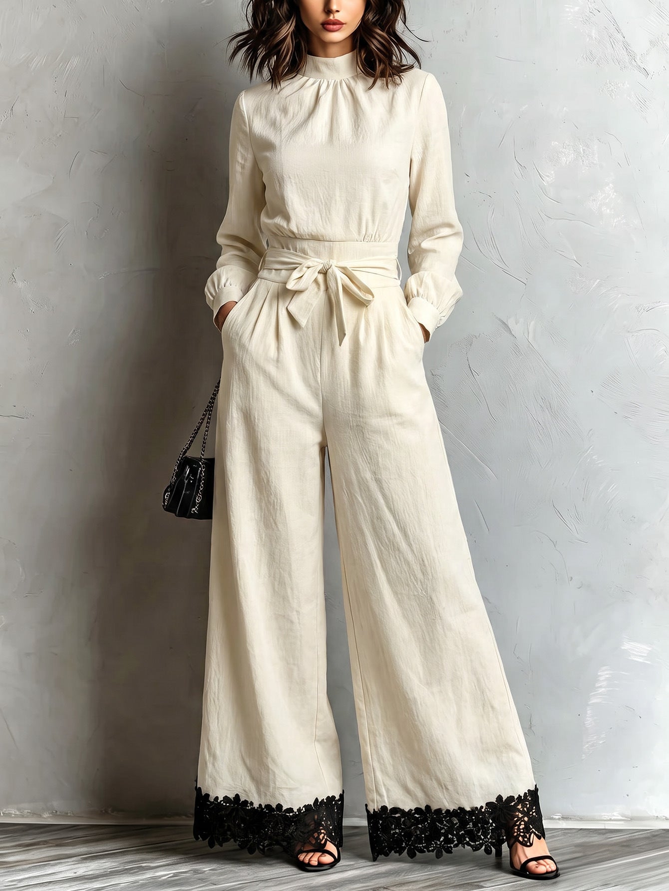 Apricot High Mock Neck Long Sleeve Self-Tie Belt Wide-Leg Contrast Lace Hem Jumpsuit