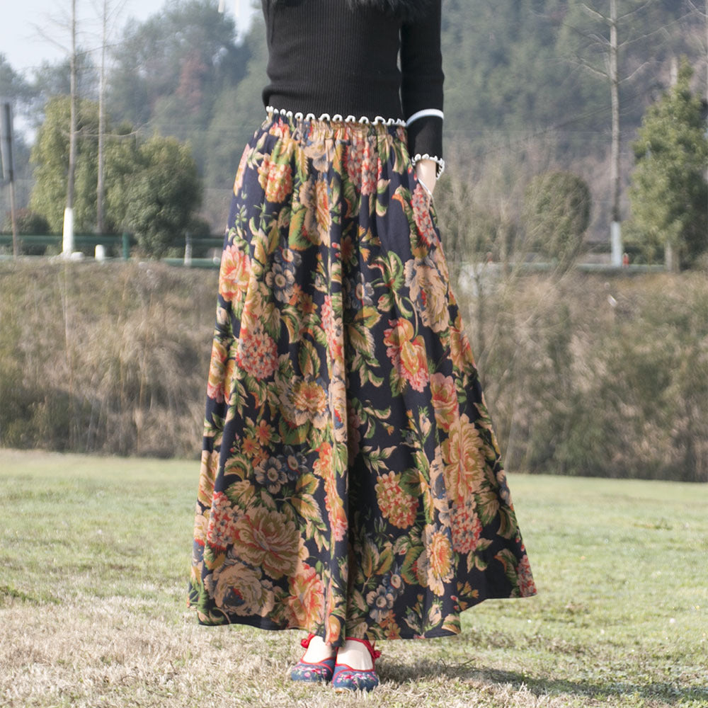 Cotton and linen printed maxi skirt | Retro ethnic style elastic waist midi skirt