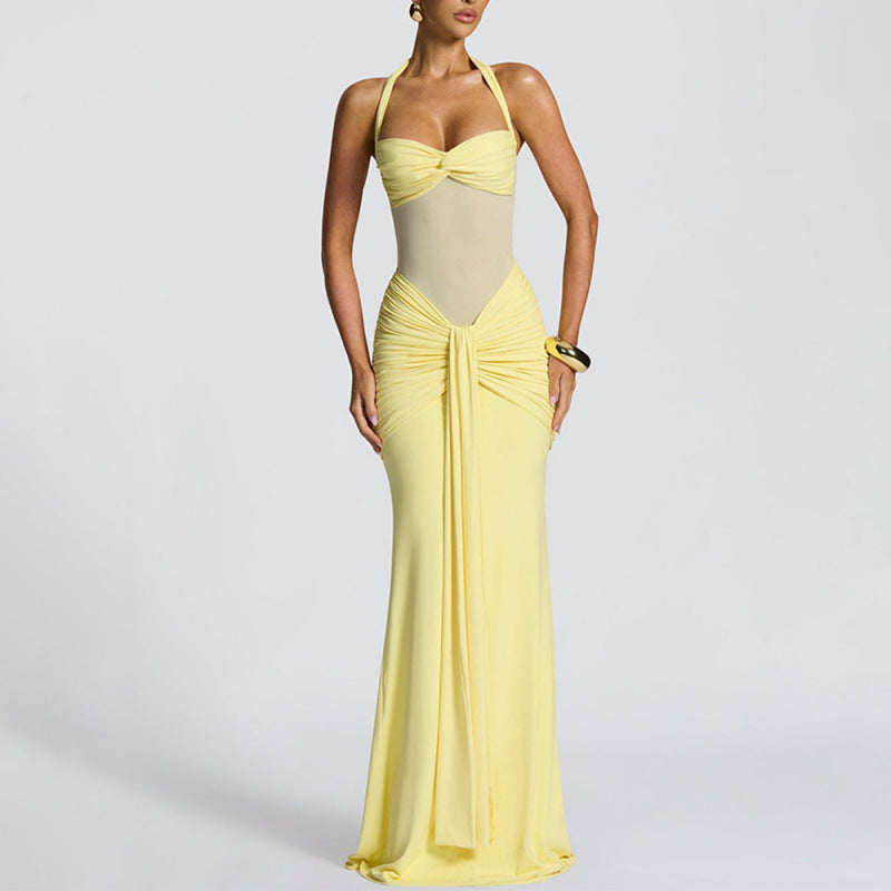 Halter Neck Mesh Panel Twist Waist Mermaid Maxi Dress | Luxury Sexy Evening Gown