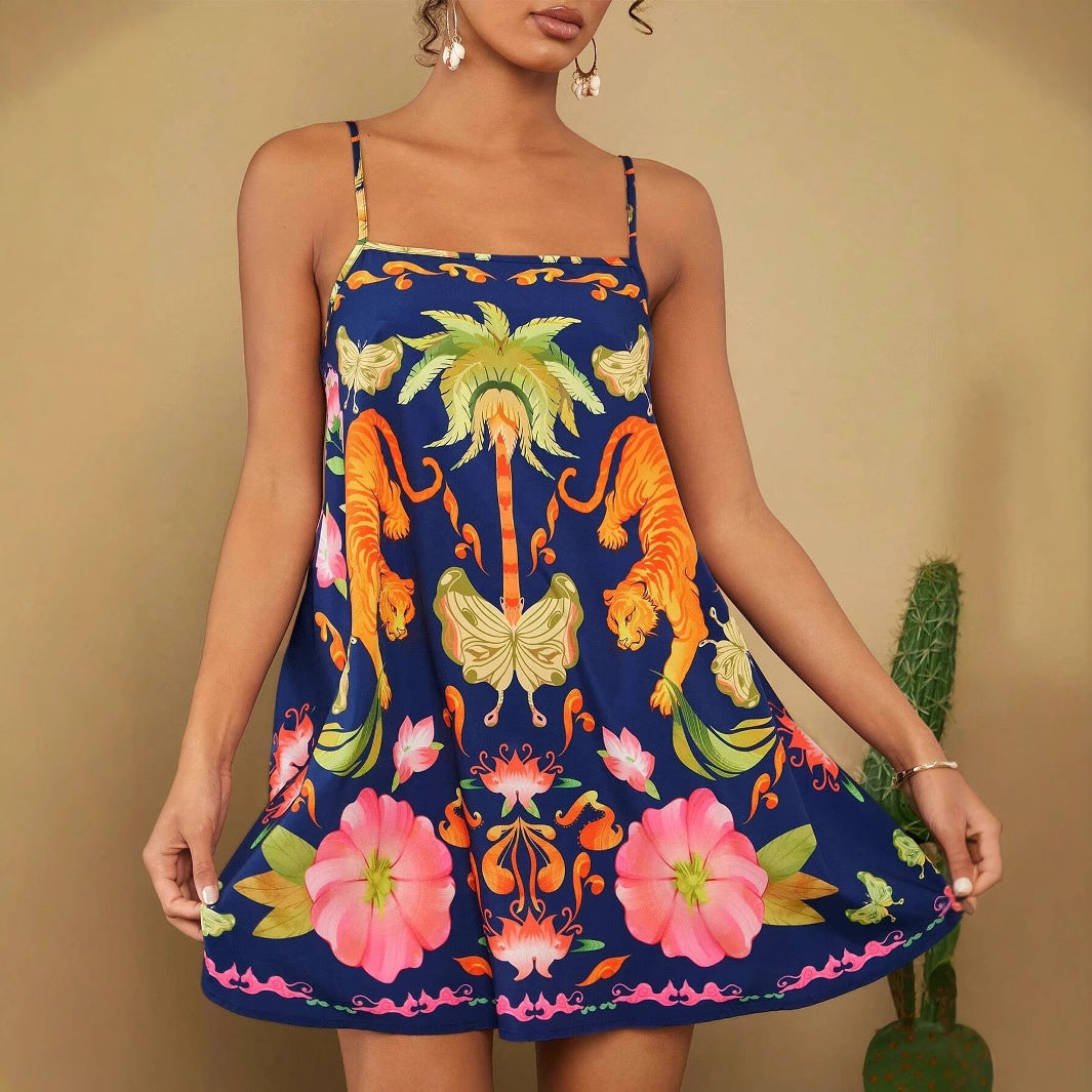 Boho Print Spaghetti Strap Loose A-line Mini Dress