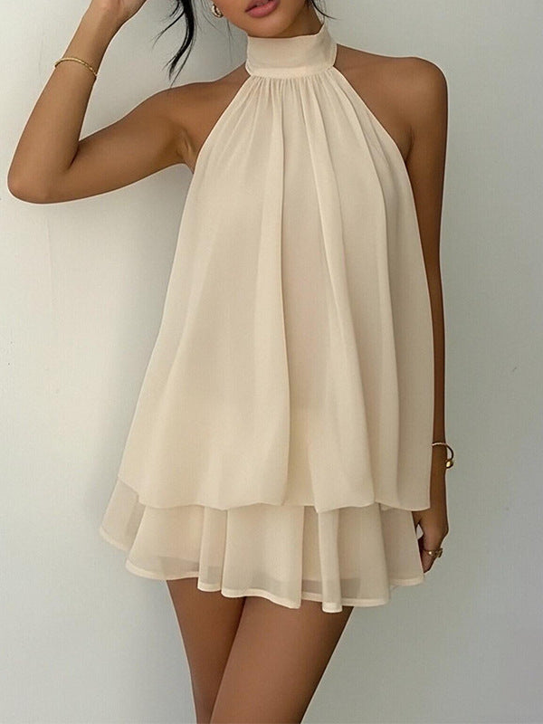 Boho Halter Neck Double Layer Ruffle Chiffon Loose Mini Dress