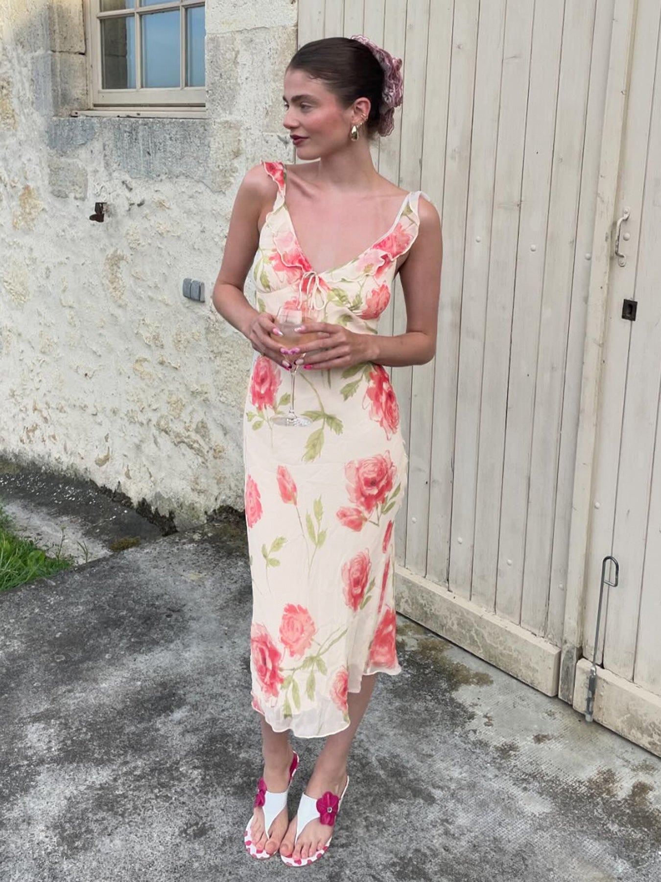 Bohemian Rose Print Ruffled Strap Maxi Dress