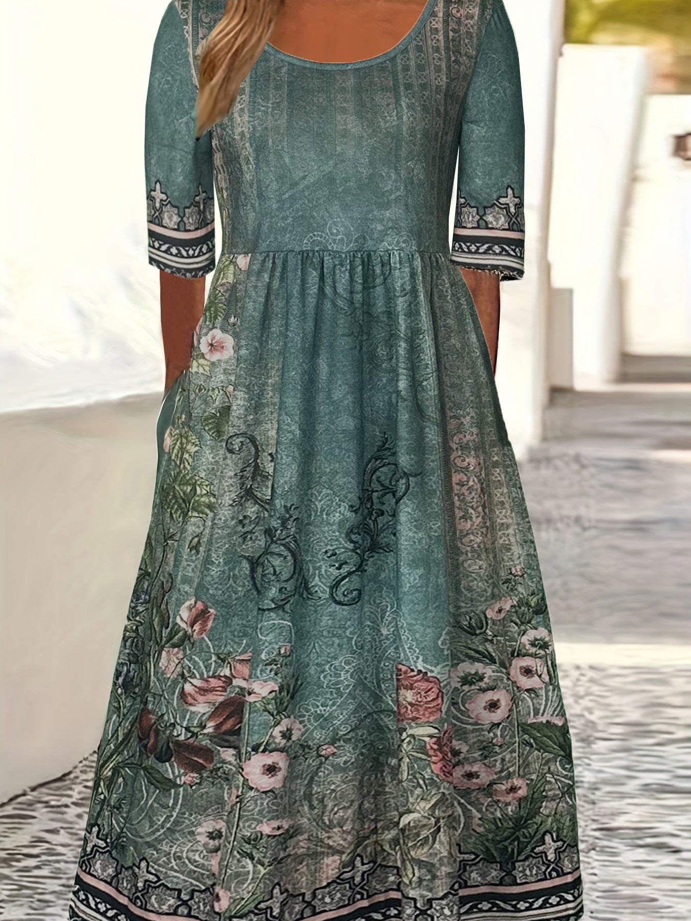 Bohemian Floral V-Neck Half Sleeve Pocket Midi Dress | Vacation Style Loose Maxi Dress