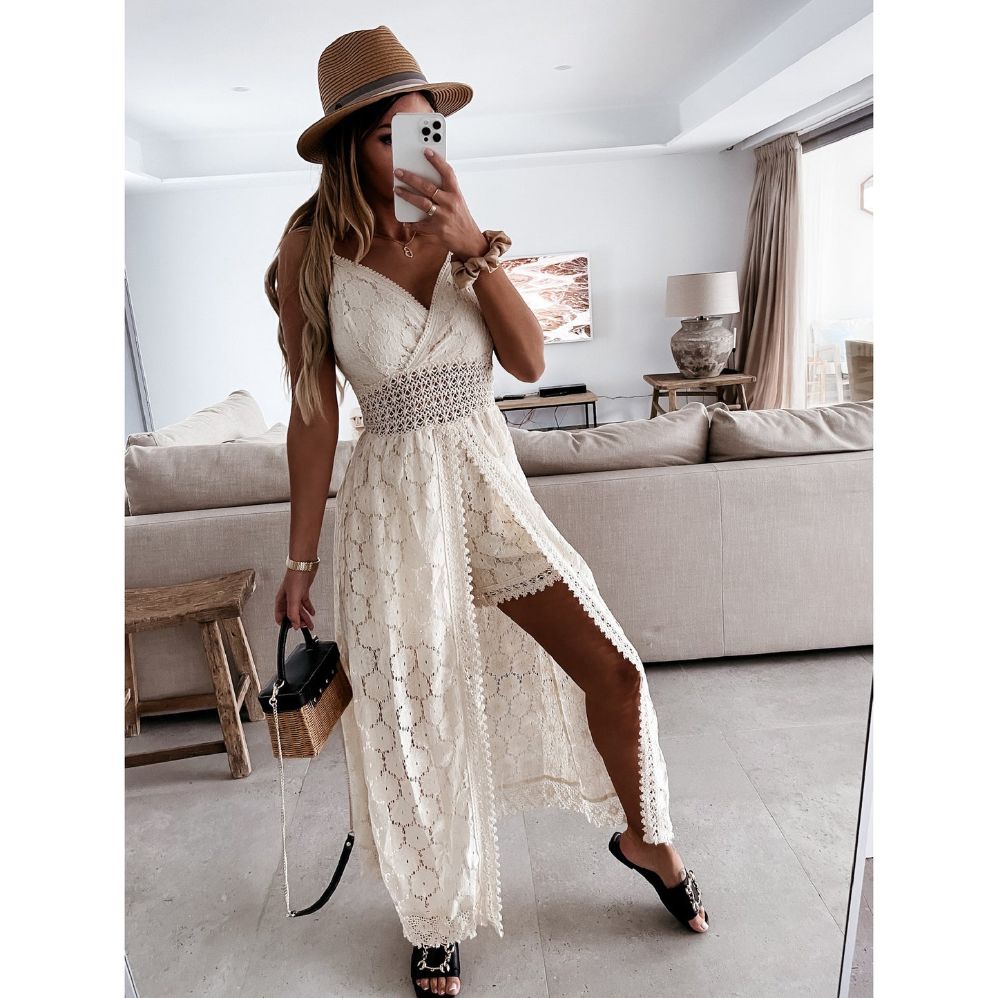 Boho White Lace V-Neck Cami Asymmetrical Maxi Dress | Vacation Style Elegant Waist-Cinching Slimming Dress