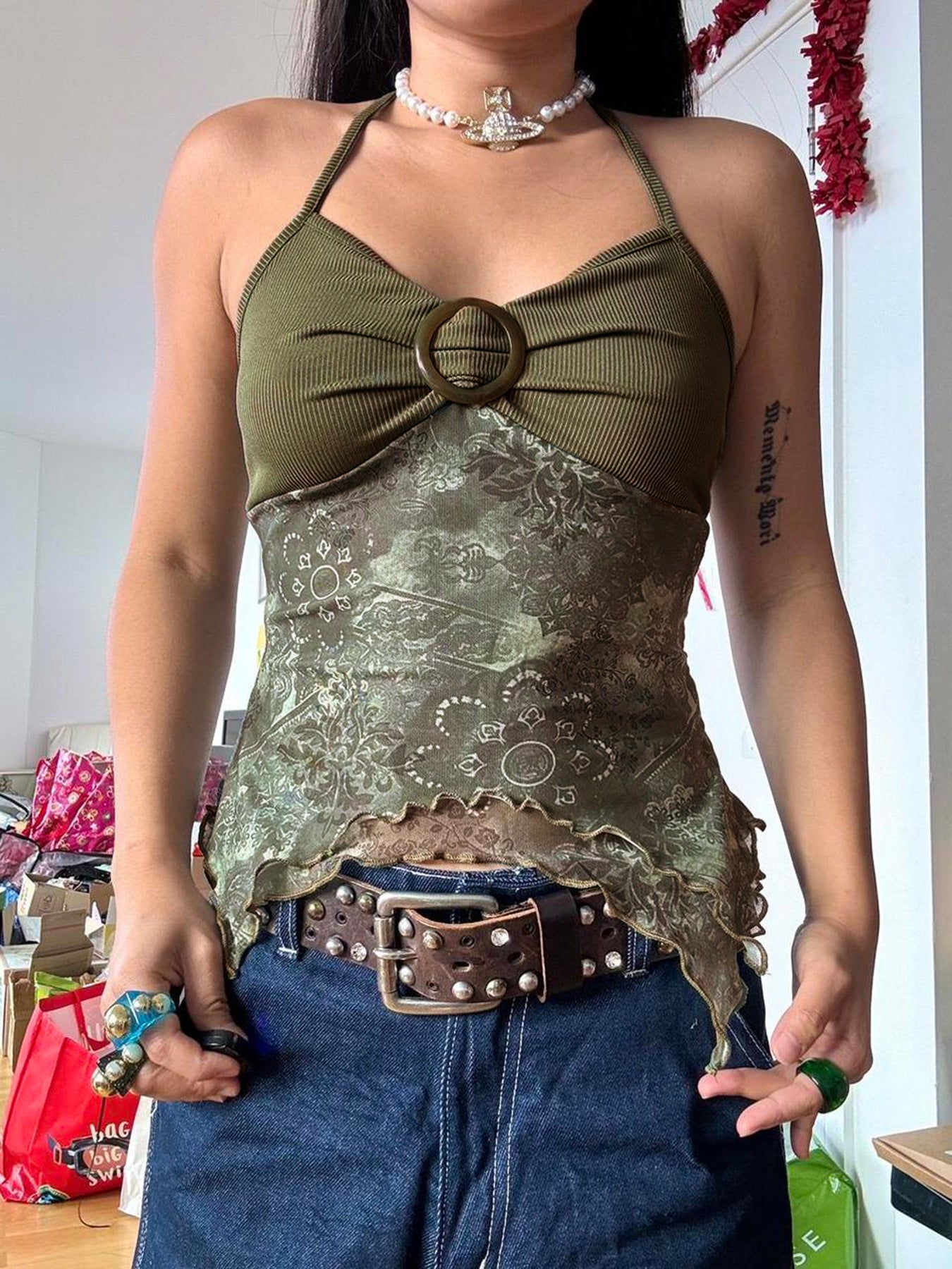 Bohemian Vintage Print Halter Lace Cami Top