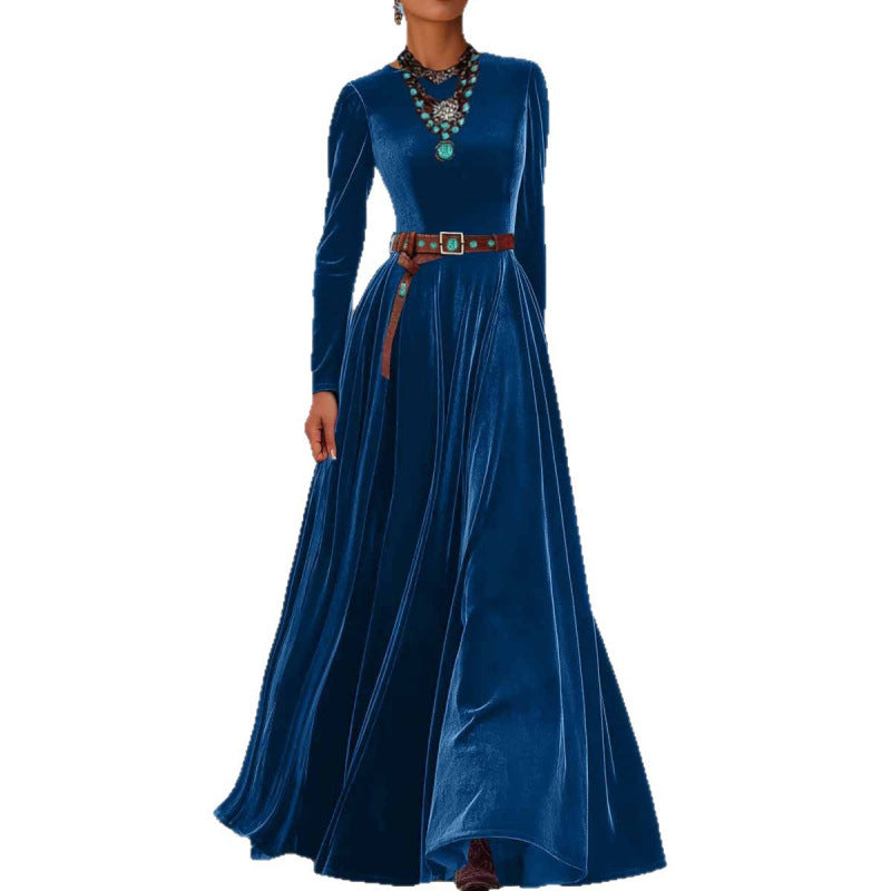 American Western Style Velvet Waist-Cinching Flare Maxi Dress