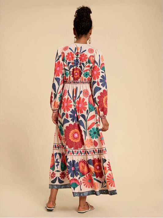 Boho Vintage Floral Print Tie-Neck Long Sleeve Maxi Dress