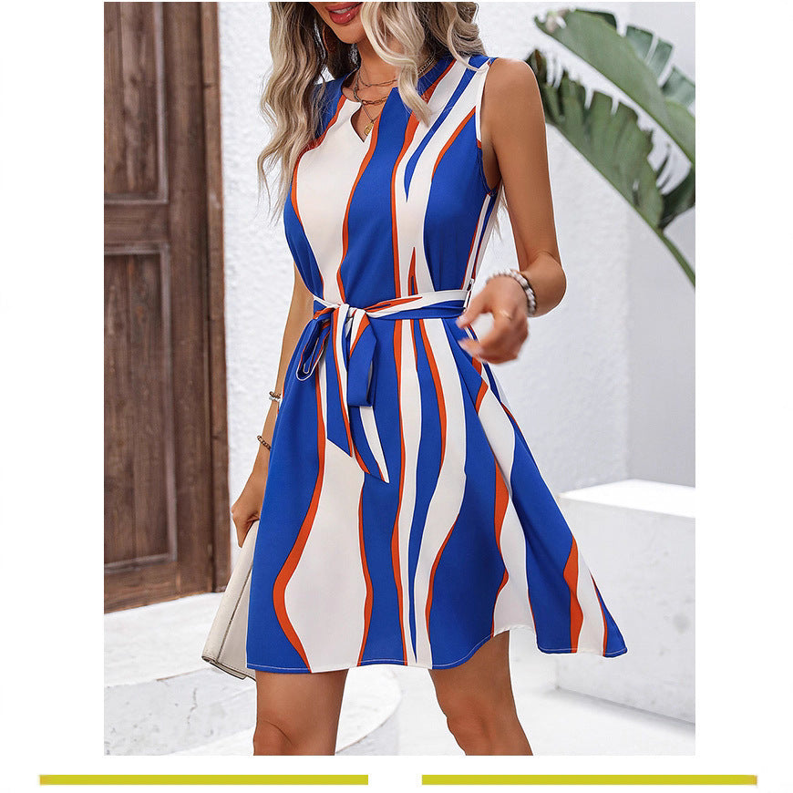 Boho Color Block Stripe V Neck Tie Waist Sleeveless Dress