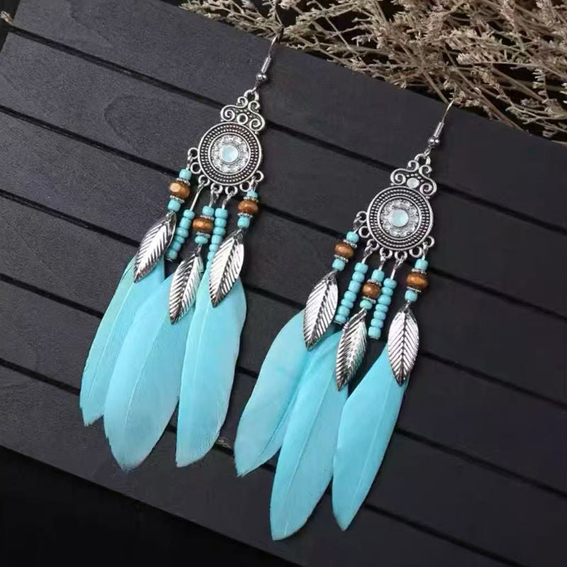 Boho Blue Feather Tassel Earrings | Ethnic Style Niche Design Jewelry
