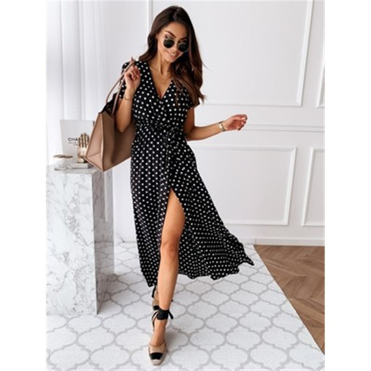 Polka Dot V-Neck High Waist Slit Maxi Dress | French Vacation Style Short Sleeve Dress