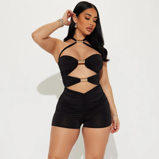 Boho Metal Buckle Halter Cutout Romper
