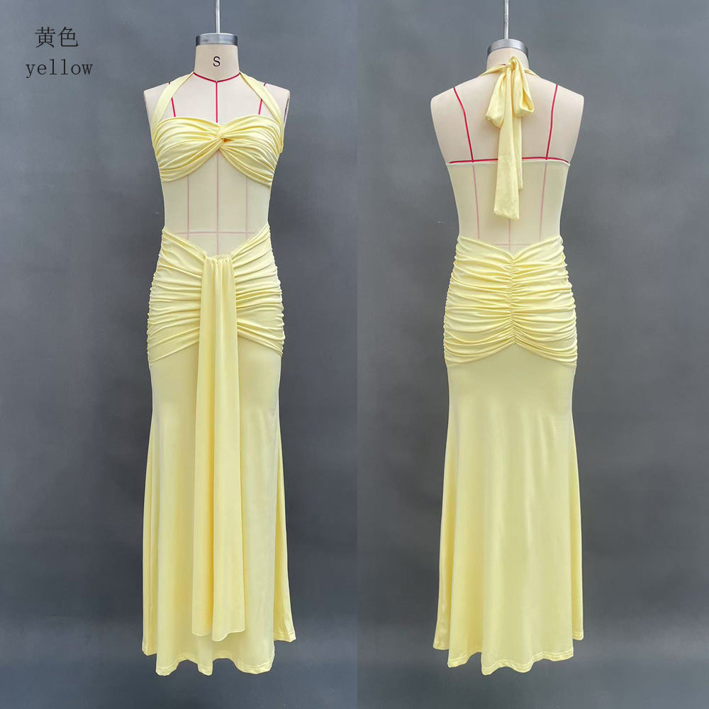 Halter Neck Mesh Panel Twist Waist Mermaid Maxi Dress | Luxury Sexy Evening Gown