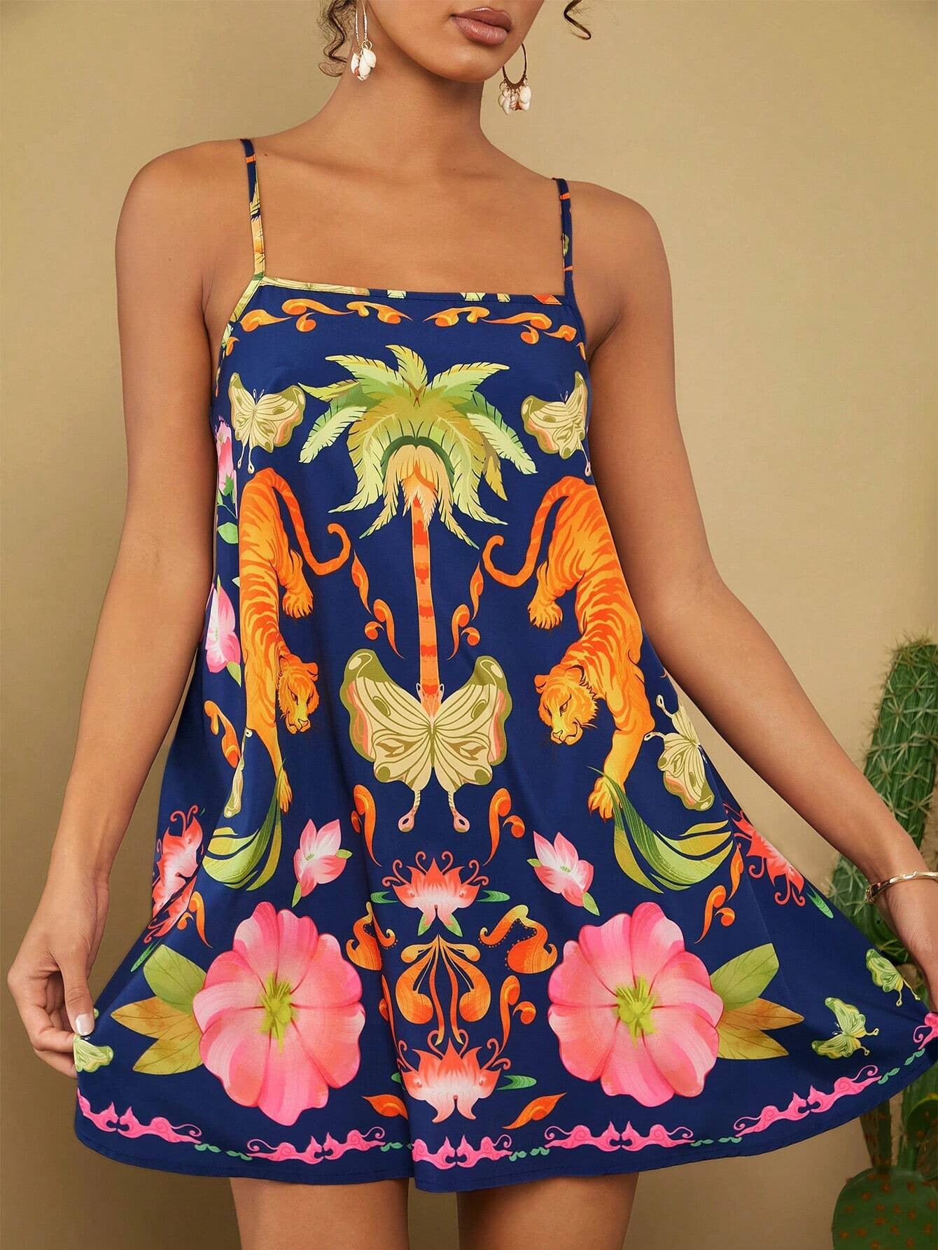 Boho Print Spaghetti Strap Loose A-line Mini Dress