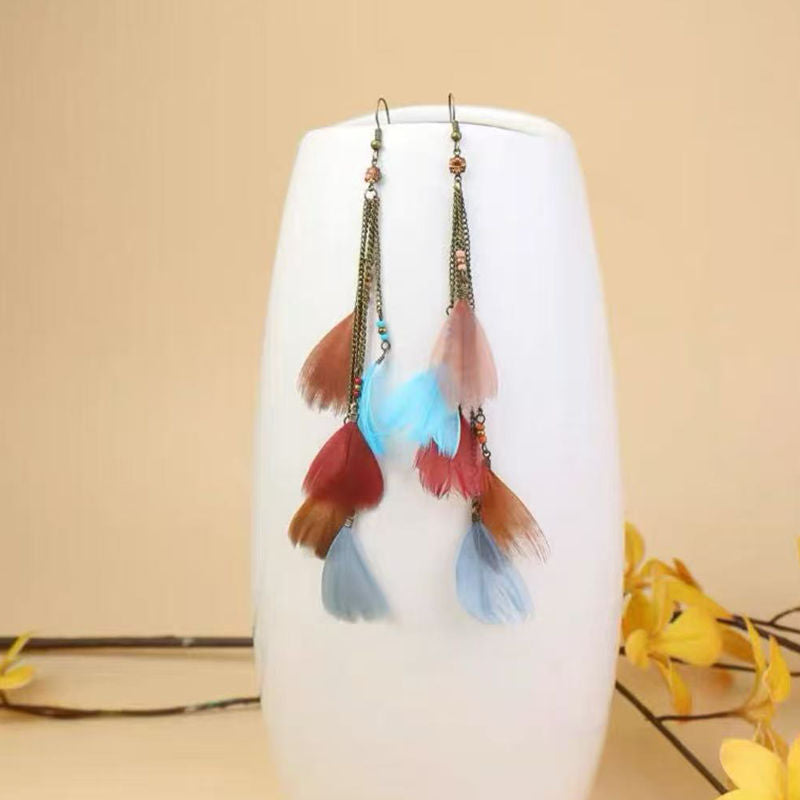 Boho Blue Feather Tassel Earrings | Ethnic Style Niche Design Jewelry