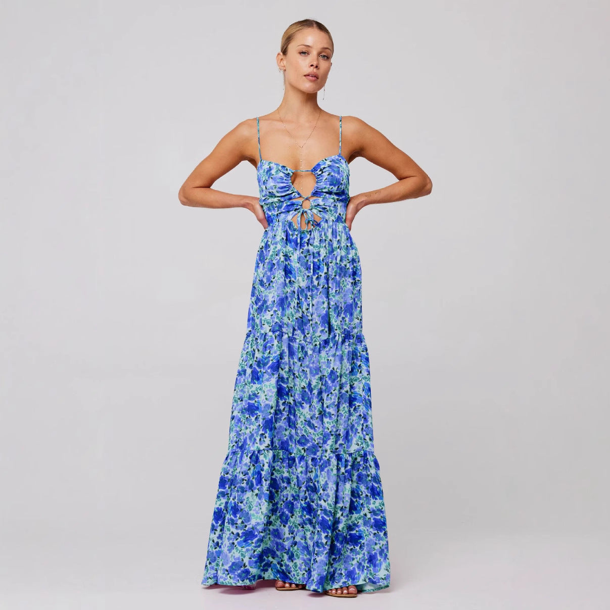 Multi-Color Floral Cutout Tie-Front Cami Tiered Maxi Dress | Vacation Style Sexy Backless Beach Dress