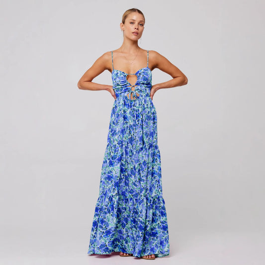 Multi-Color Floral Cutout Tie-Front Cami Tiered Maxi Dress | Vacation Style Sexy Backless Beach Dress