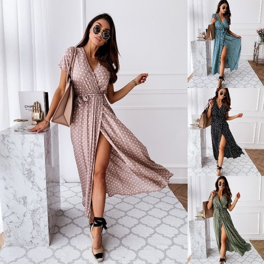 Polka Dot V-Neck High Waist Slit Maxi Dress | French Vacation Style Short Sleeve Dress