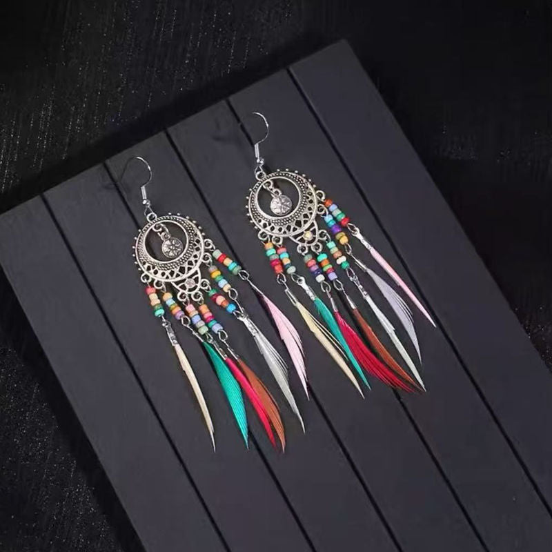 Boho Blue Feather Tassel Earrings | Ethnic Style Niche Design Jewelry
