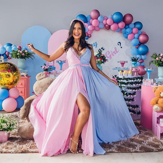 Boho Pink Blue Color Block V Neck Split Maternity Baby Shower Dress
