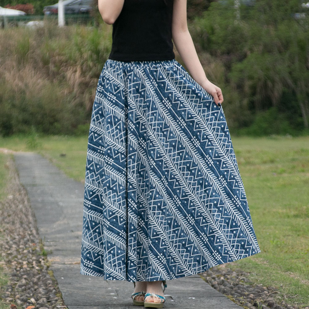 Cotton and linen printed maxi skirt | Retro ethnic style elastic waist midi skirt