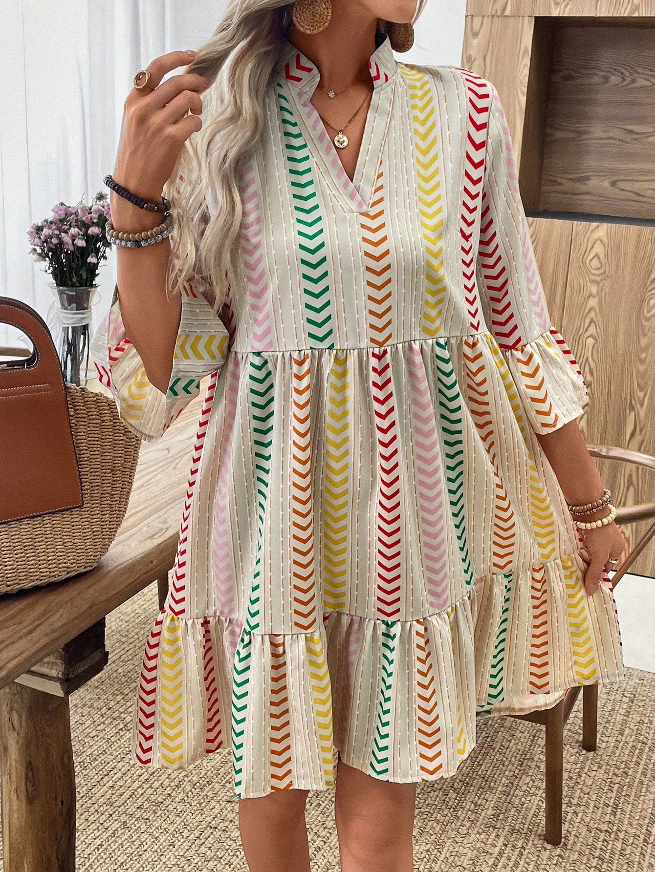 Boho Colorful Arrow Stripe V Neck Bell Sleeve Ruffle Hem Loose Dress