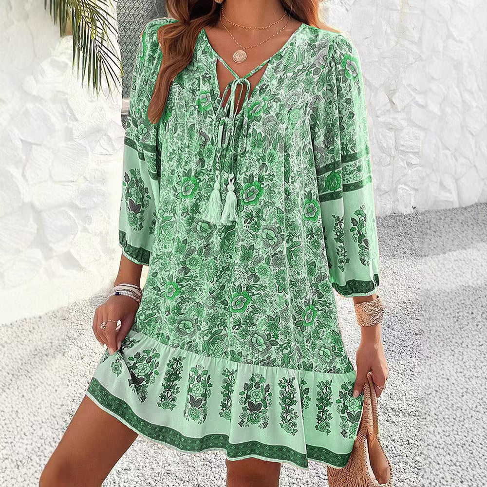 Boho Printed Tie-Neck Tassel Ruffle Mini Dress | Vacation Style Loose A-Line Dress