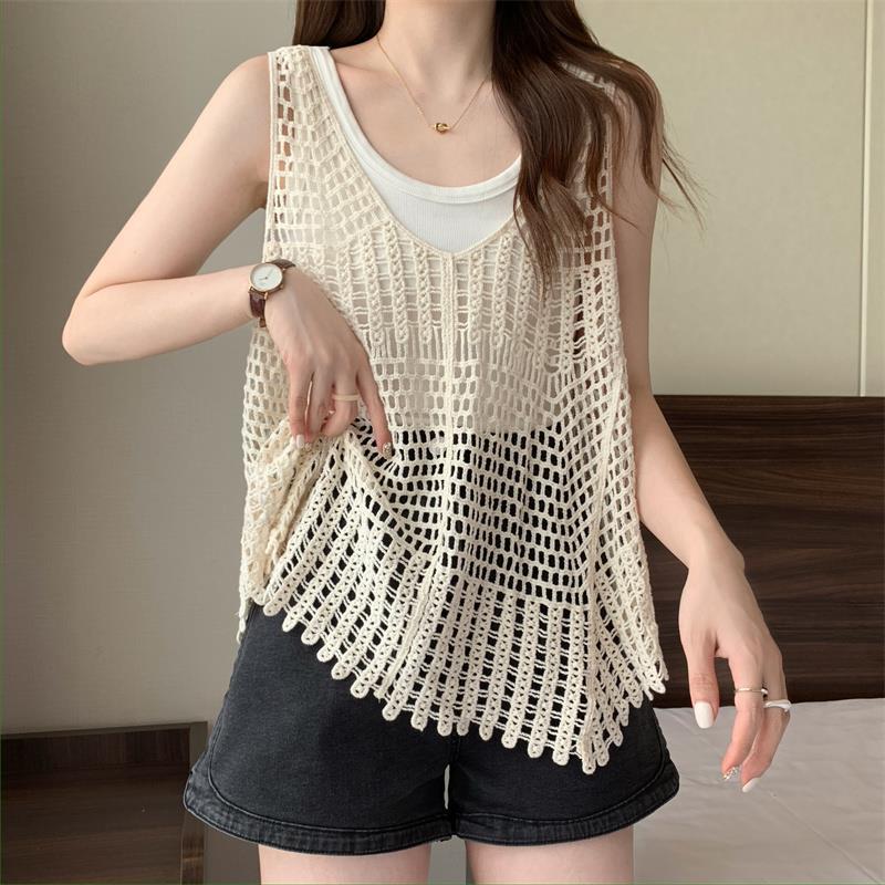 Boho V-Neck Crochet Hollow Out Asymmetrical Hem Knit Tank Top | Ethnic Style Vacation Loose Cover Up