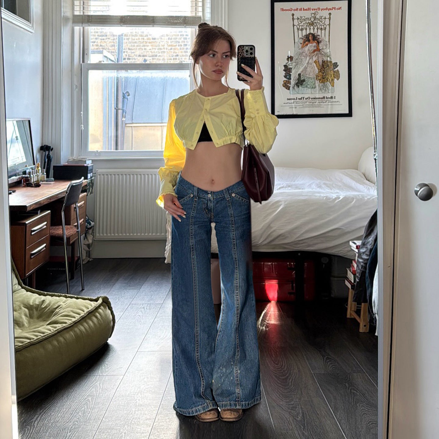 Bohemian Vintage High-Waisted Vertical Stitch Wide-Leg Jeans