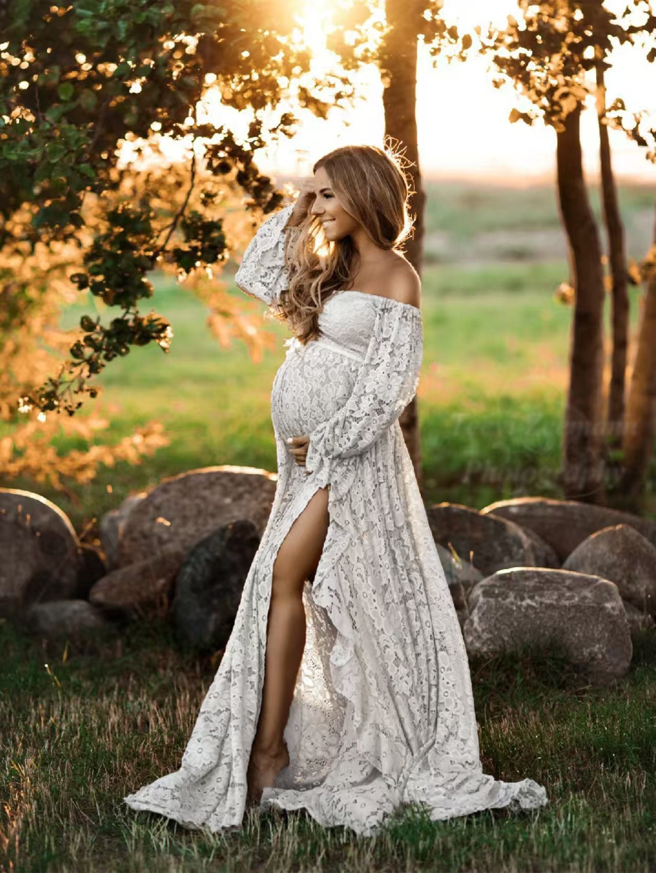 Boho Off Shoulder Lace Slit Train Maternity Photoshoot Gown
