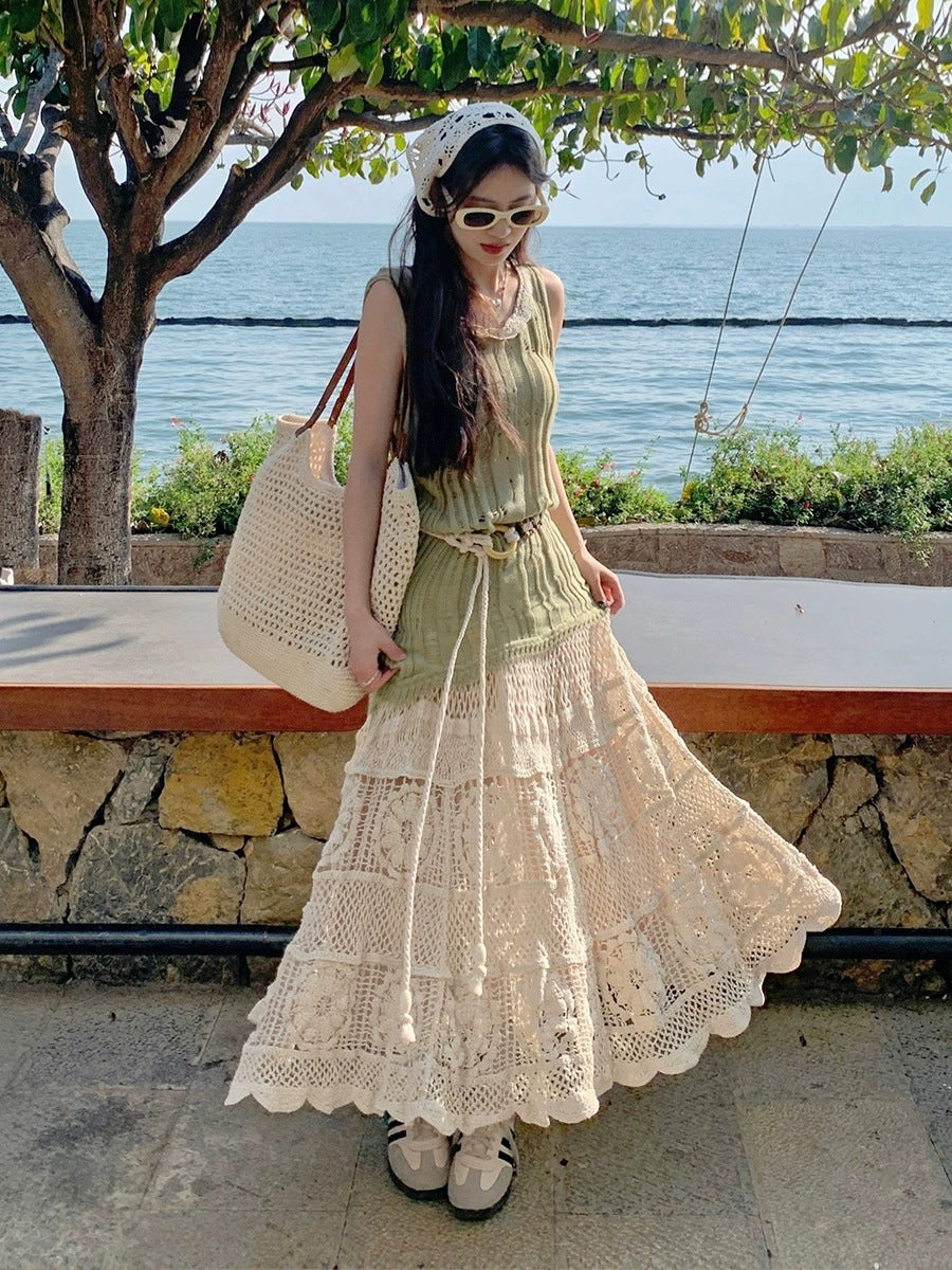 Boho Crochet Lace High Waist Flare Maxi Skirt | Ethnic Style Vacation Slimming A-Line Skirt