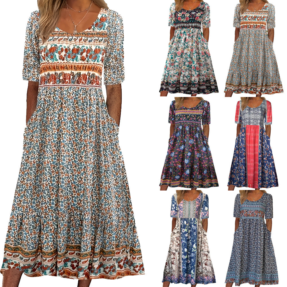 Bohemian Floral V-Neck Half Sleeve Pocket Midi Dress | Vacation Style Loose Maxi Dress