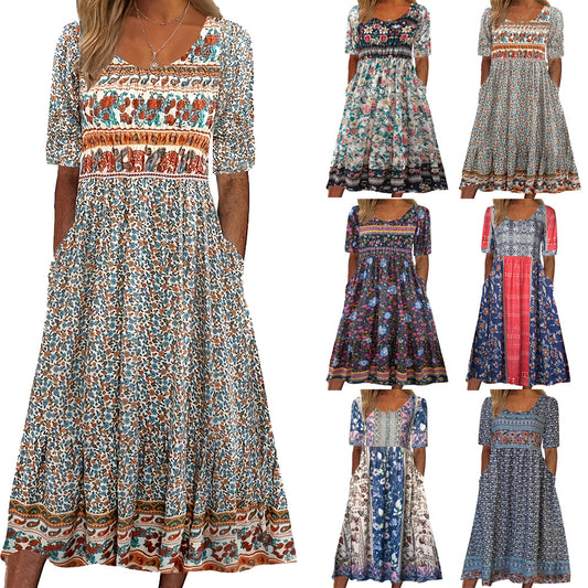 Bohemian Floral V-Neck Half Sleeve Pocket Midi Dress | Vacation Style Loose Maxi Dress