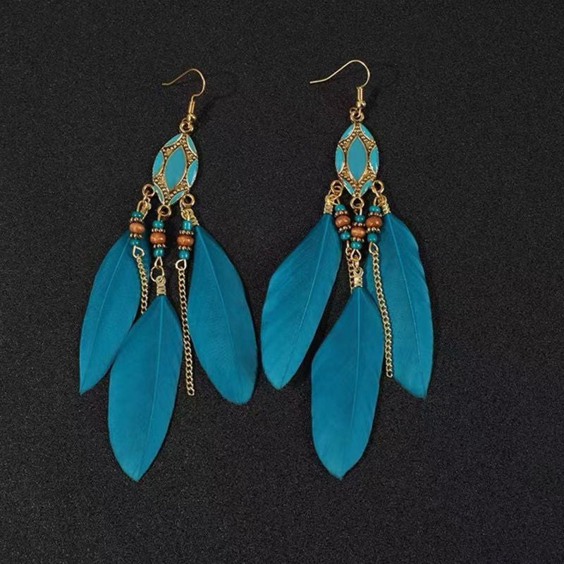 Boho Blue Feather Tassel Earrings | Ethnic Style Niche Design Jewelry