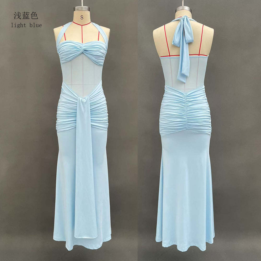 Halter Neck Mesh Panel Twist Waist Mermaid Maxi Dress | Luxury Sexy Evening Gown
