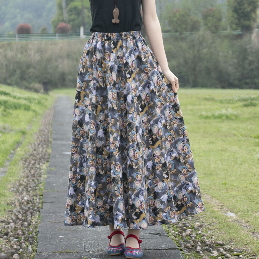 Cotton and linen printed maxi skirt | Retro ethnic style elastic waist midi skirt