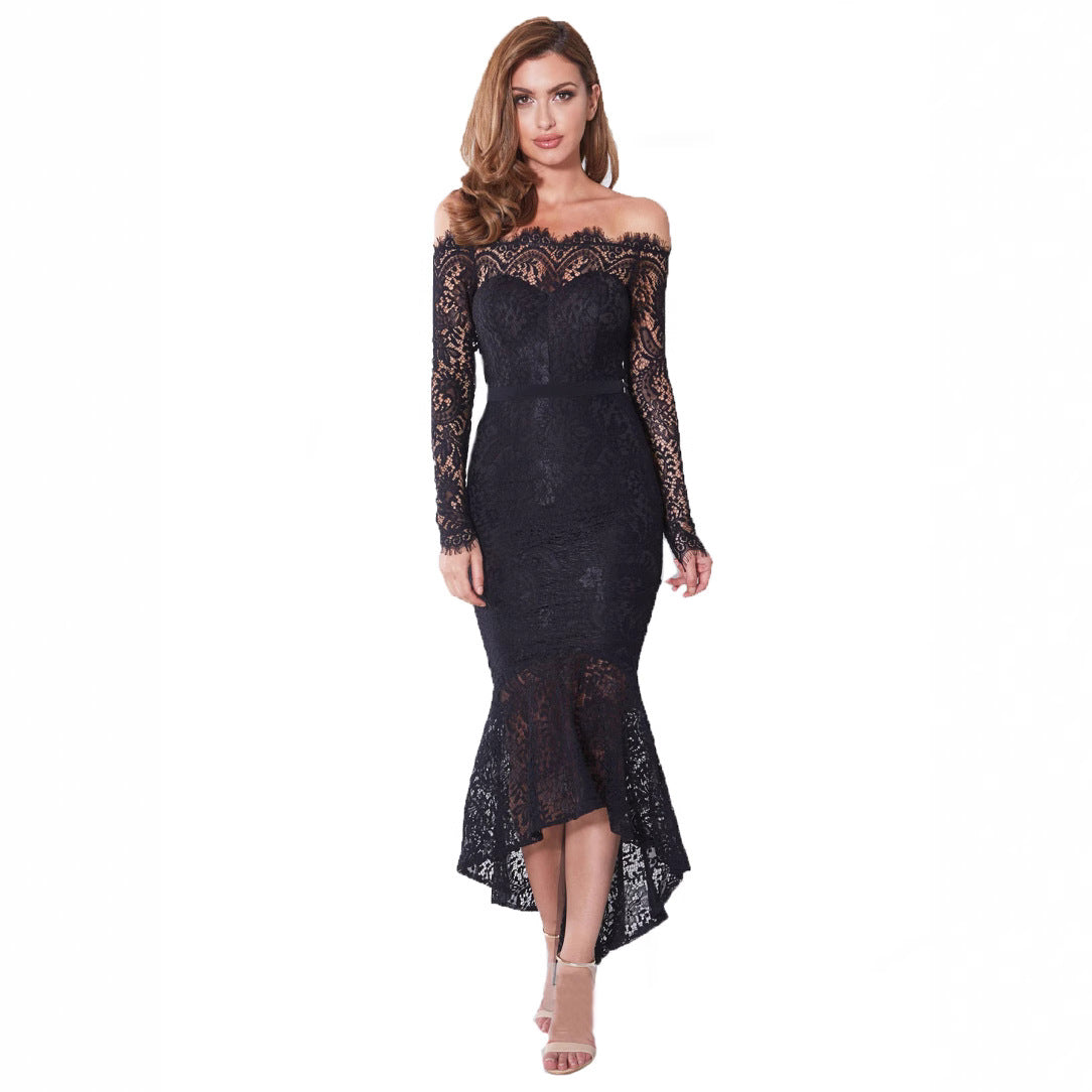 Boho Off Shoulder Lace Long Sleeve Irregular Mermaid Bodycon Evening Dress