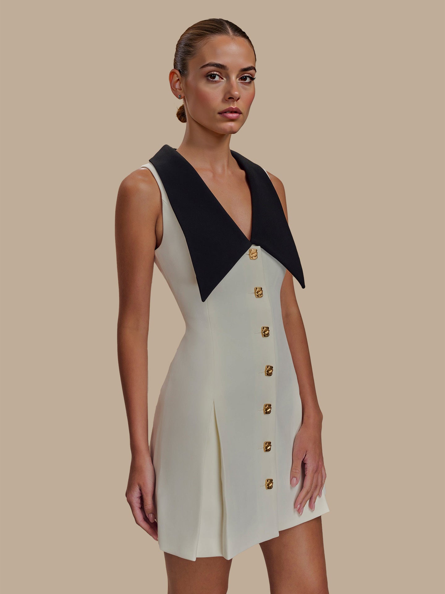 French Chanel Style Contrast Big Collar Gold Button Waist-Cinching Sleeveless Mini Dress | Elegant Luxury A-Line Dress