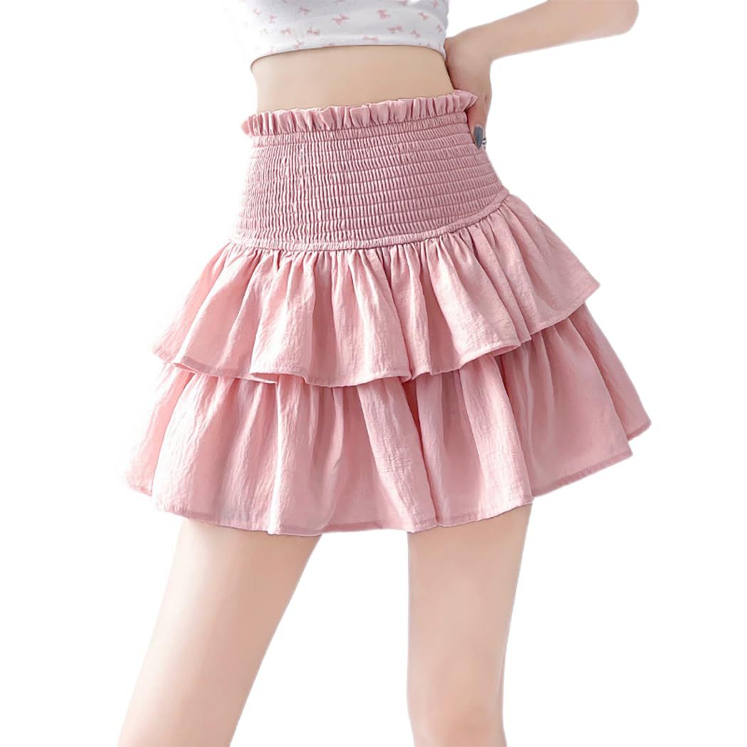 Bohemian Solid Color Smocked High Waist Tiered Ruffle Mini Skirt