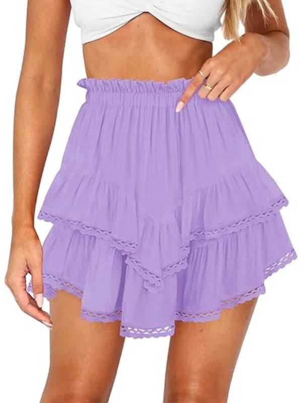 Multi-Color Lace Trim Double Ruffle Mini Skirt | High Waist Elastic A-Line Skirt