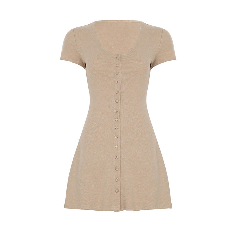 Boho V-Neck Button-Front Knit Bodycon Mini Dress