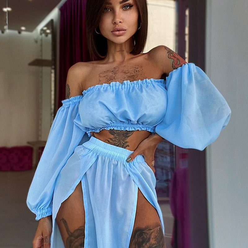 Boho Off-Shoulder Puff Sleeve Crop Top & High Slit Sheer Maxi Skirt Set