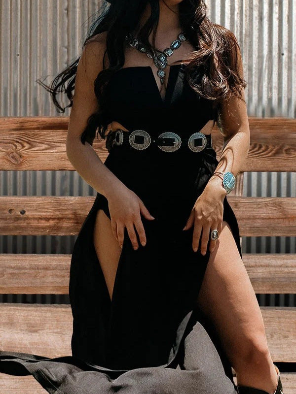 Vintage Western Style Tube Top Cutout High Slit Wide Leg Jumpsuit | Y2K Slimming Romper