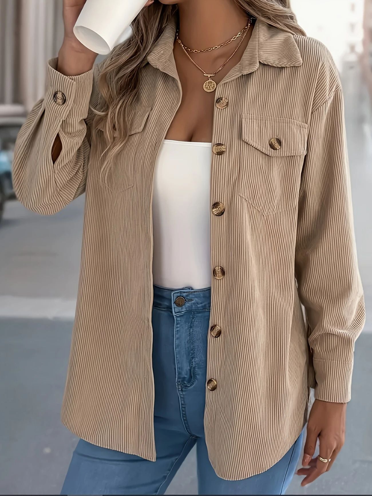 Bohemian Corduroy Lapel Single-Breasted Loose Long Sleeve Shirt Jacket