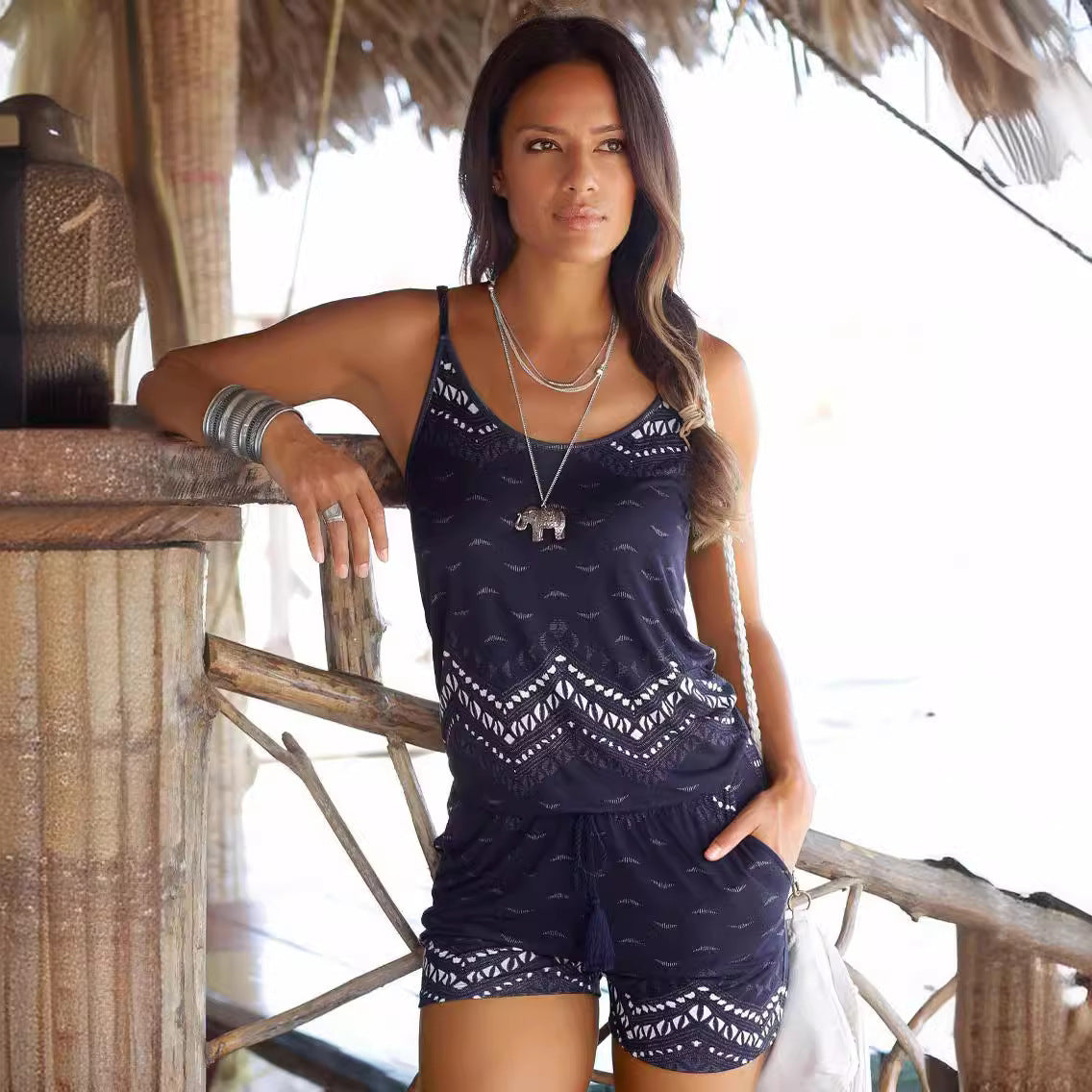 Boho Geometric Print Tassel Drawstring Cami Romper