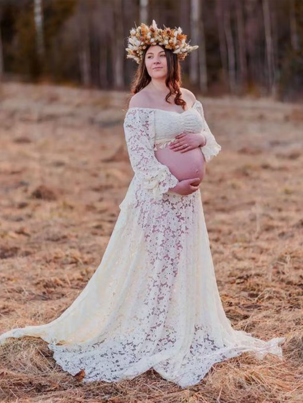 Boho Off Shoulder Lace Slit Train Maternity Photoshoot Gown