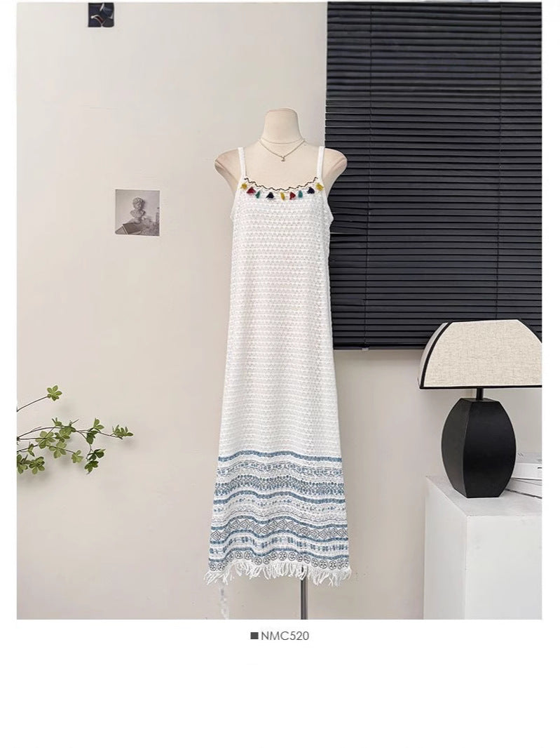 Boho Color Tassel Fringe Jacquard Cami Maxi Dress | Ethnic Style Vacation Loose Slimming Dress