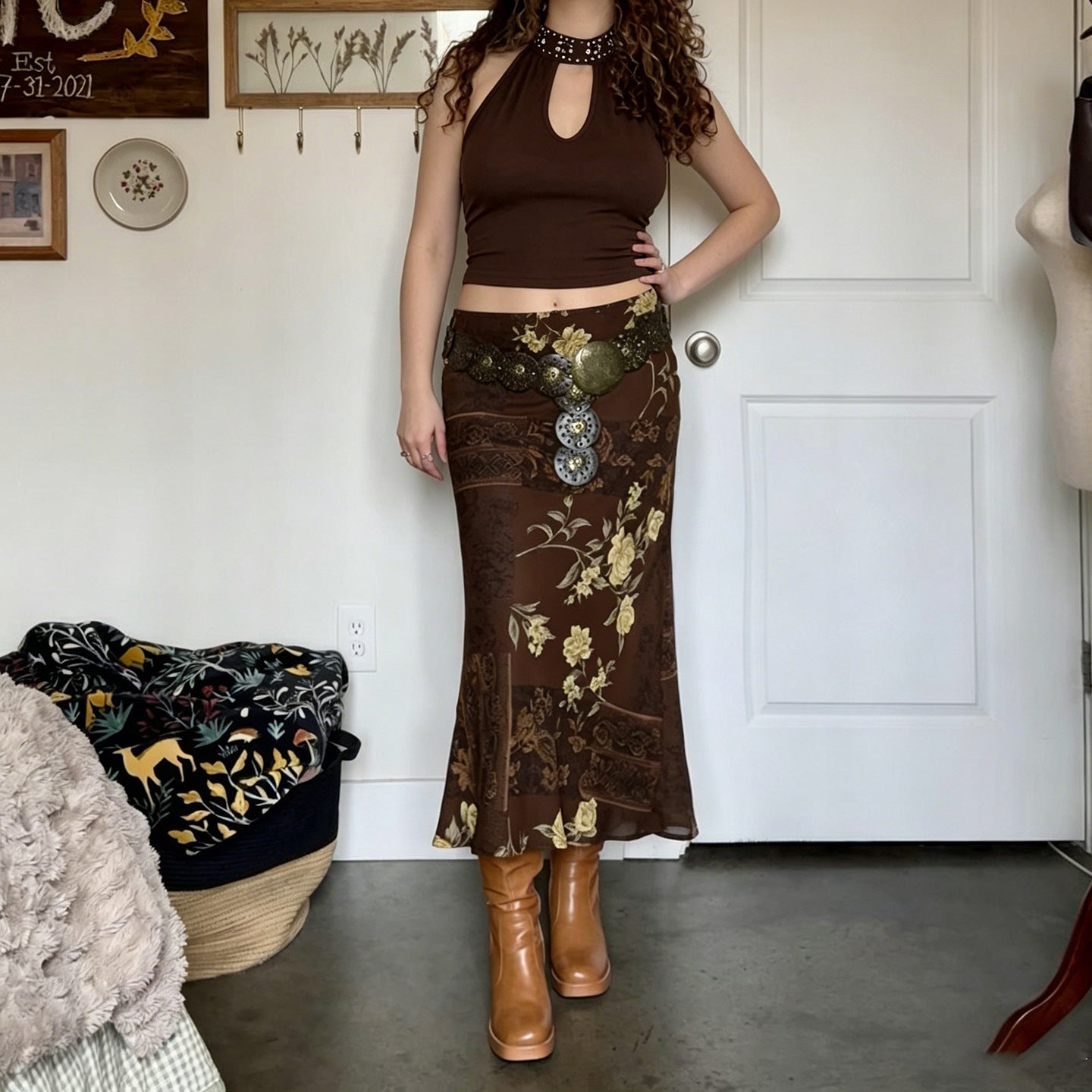 Bohemian Vintage Floral Paisley Patchwork Chiffon Maxi Skirt