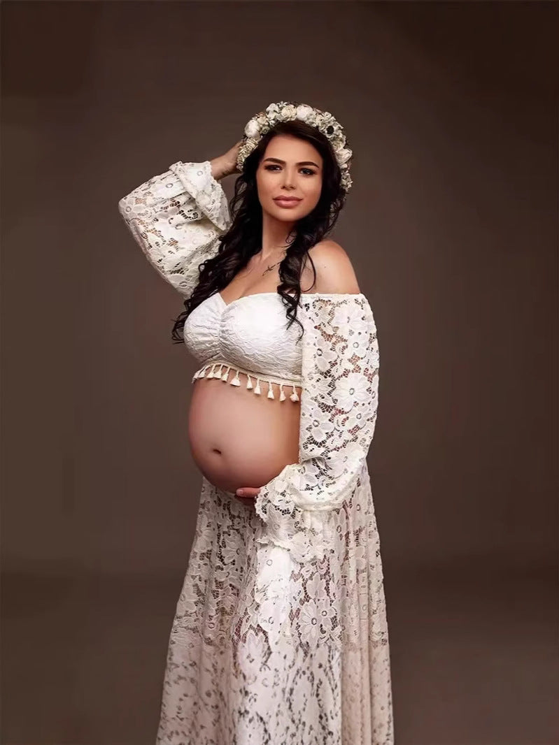 Boho Off Shoulder Lace Slit Train Maternity Photoshoot Gown