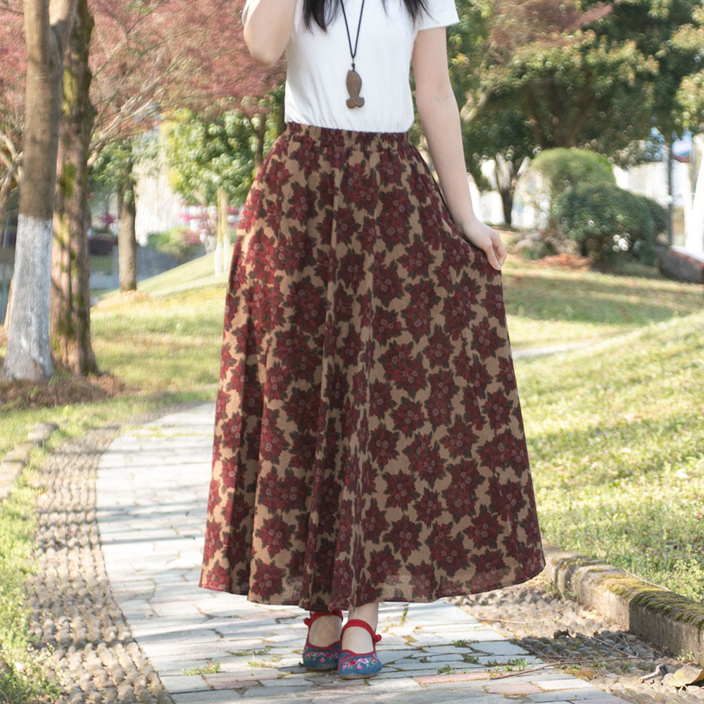 Cotton and linen printed maxi skirt | Retro ethnic style elastic waist midi skirt