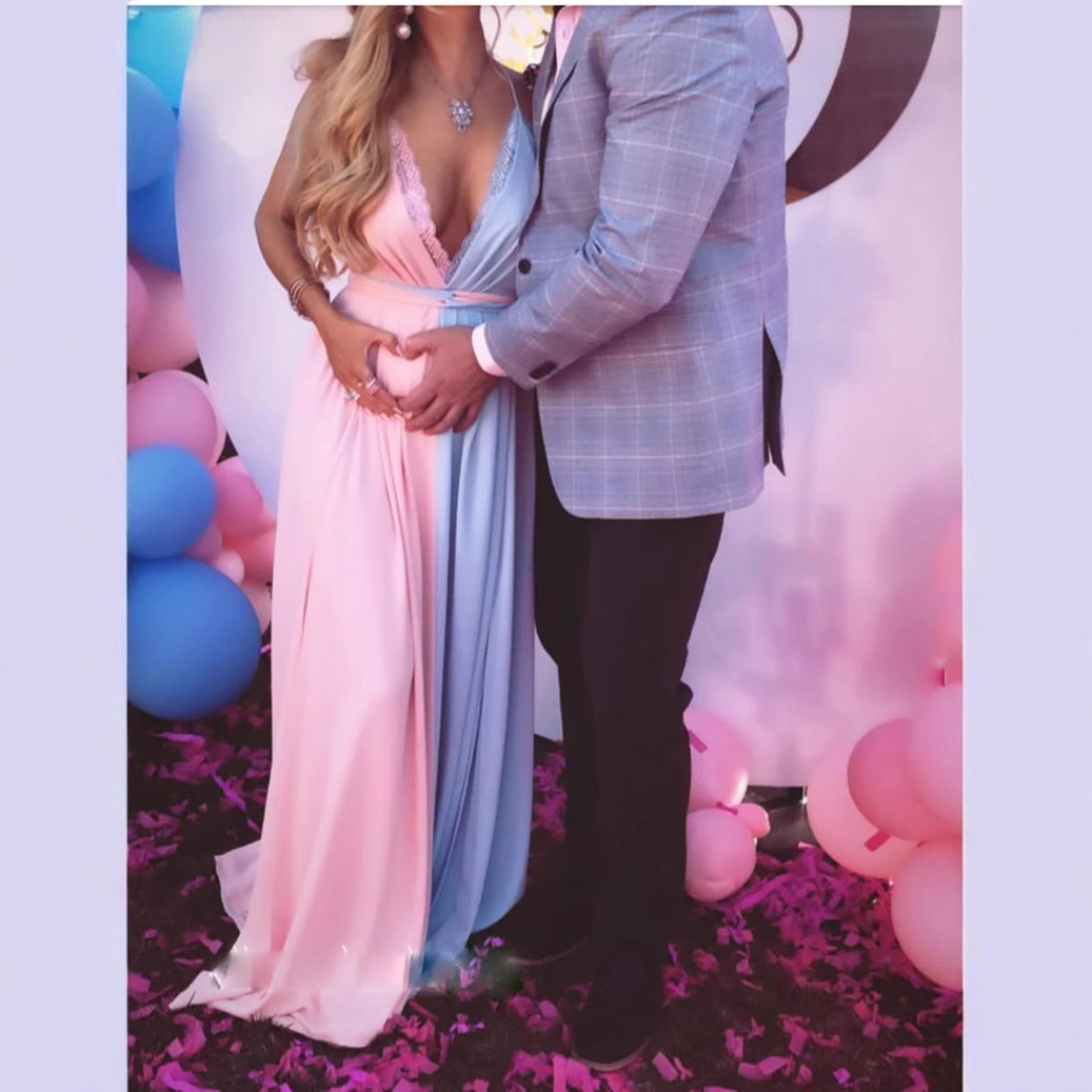 Boho Pink Blue Color Block V Neck Split Maternity Baby Shower Dress